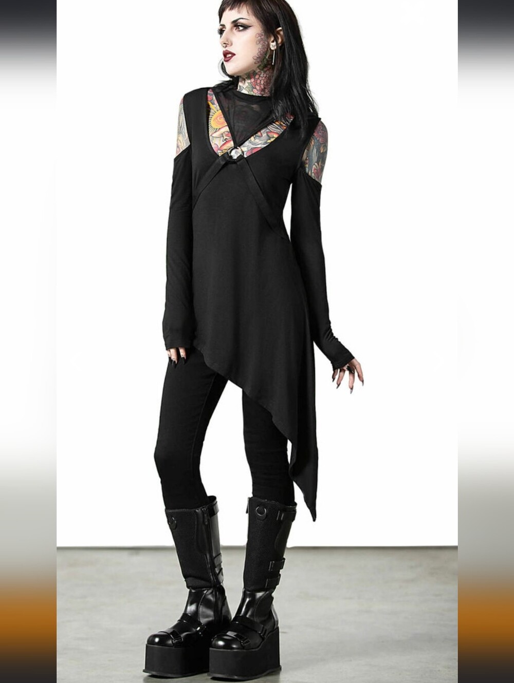 Killstar Black Asymmetric Cold-Shoulder Long Sleeve Top